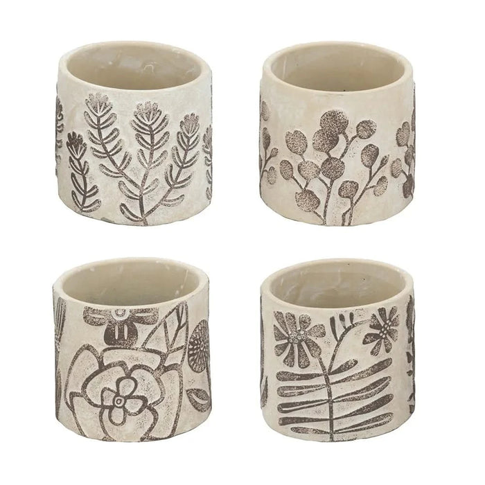 Set of 4 4.3x4.3x4' Gray Sand and Cement Planters with Brown Botanical Motifs Default -DTYStore