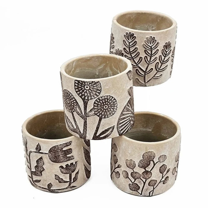 Set of 4 4.3x4.3x4' Gray Sand and Cement Planters with Brown Botanical Motifs Default -DTYStore