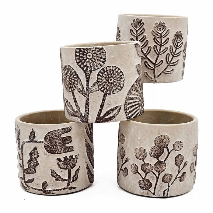 Set of 4 4.3x4.3x4' Gray Sand and Cement Planters with Brown Botanical Motifs Default -DTYStore