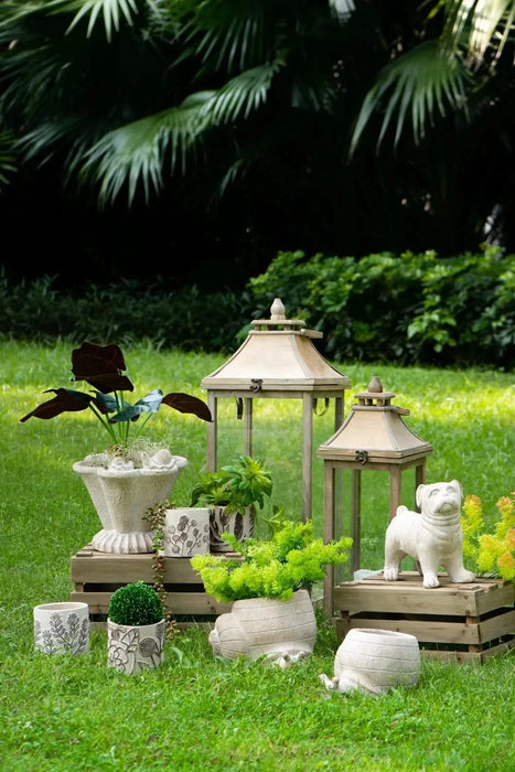 Set of 4 4.3x4.3x4' Gray Sand and Cement Planters with Brown Botanical Motifs Default -DTYStore