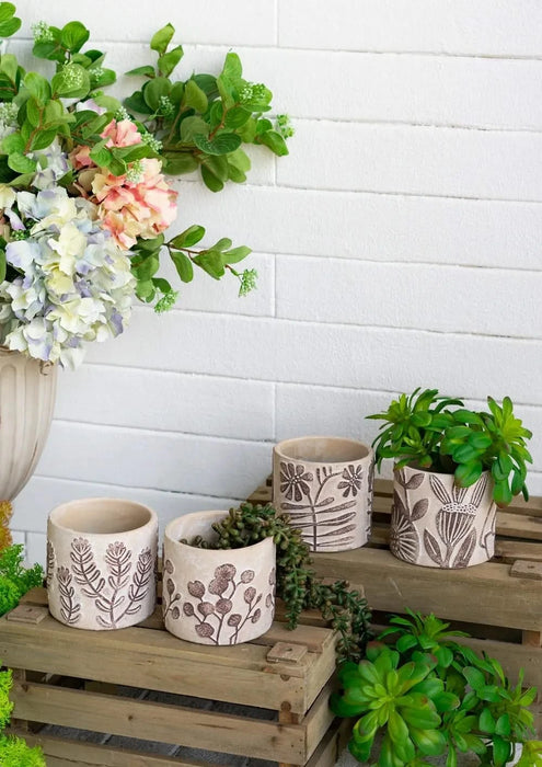 Set of 4 4.3x4.3x4' Gray Sand and Cement Planters with Brown Botanical Motifs Default -DTYStore