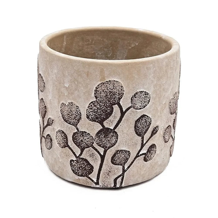Set of 4 4.3x4.3x4' Gray Sand and Cement Planters with Brown Botanical Motifs Default -DTYStore