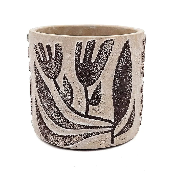 Set of 4 4.3x4.3x4' Gray Sand and Cement Planters with Brown Botanical Motifs Default -DTYStore