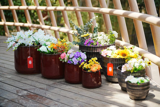 Set of 4 Fluted Ceramic Flowerpot, Modern Planter for Patio, Garden, Windowsill - Dark Coffee Default -DTYStore