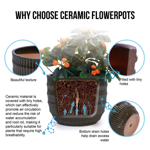 Set of 4 Fluted Ceramic Flowerpot, Modern Planter for Patio, Garden, Windowsill - Dark Coffee Default -DTYStore