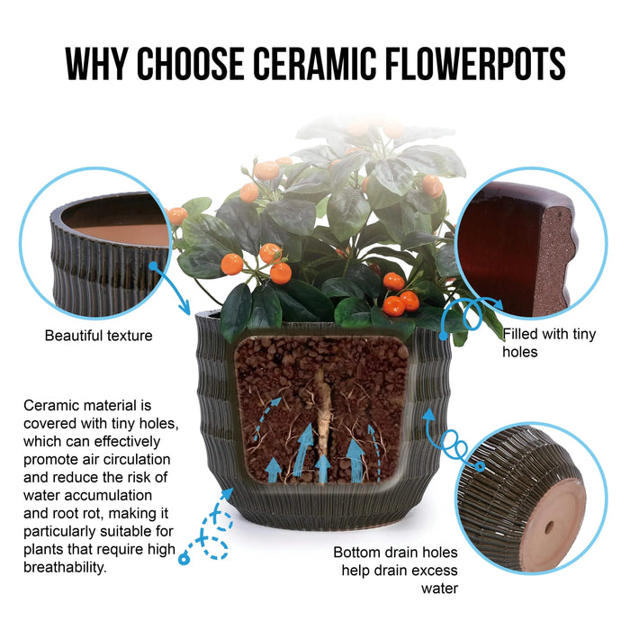 Set of 4 Fluted Ceramic Flowerpot, Modern Planter for Patio, Garden, Windowsill - Dark Coffee Default -DTYStore