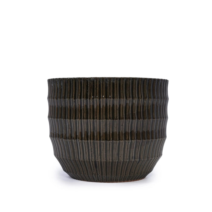 Set of 4 Fluted Ceramic Flowerpot, Modern Planter for Patio, Garden, Windowsill - Dark Coffee - DTY Store