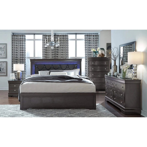 Shaker Grey Full 5PC Bedroom Set with Crystal Inspired Tufted Headboard and LED Lighting in Solid Wood and MDF Default -DTYStore