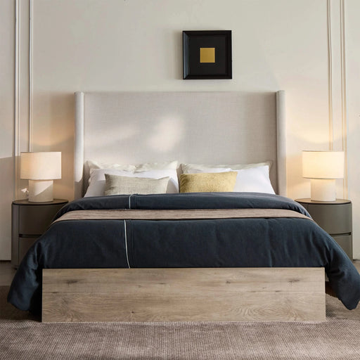 Shelton Upholstered Wingback Bed with 54' High Headboard in Textured Ivory Canvas Chenille, Wood Base, Queen Default -DTYStore