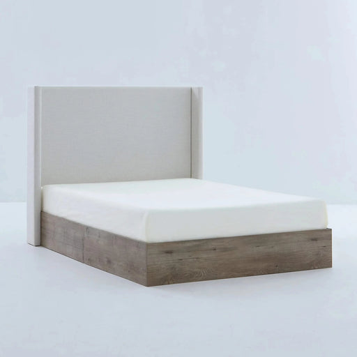 Shelton Upholstered Wingback Bed with 54' High Headboard in Textured Ivory Canvas Chenille, Wood Base, Queen Default -DTYStore