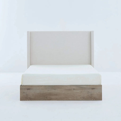 Shelton Upholstered Wingback Bed with 54' High Headboard in Textured Ivory Canvas Chenille, Wood Base, Queen Default -DTYStore