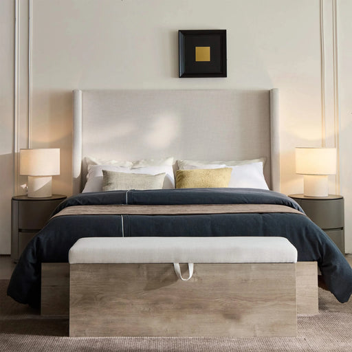 Shelton Upholstered Wingback Bed with 54' High Headboard in Textured Ivory Canvas Chenille, Wood Base, Queen Default -DTYStore