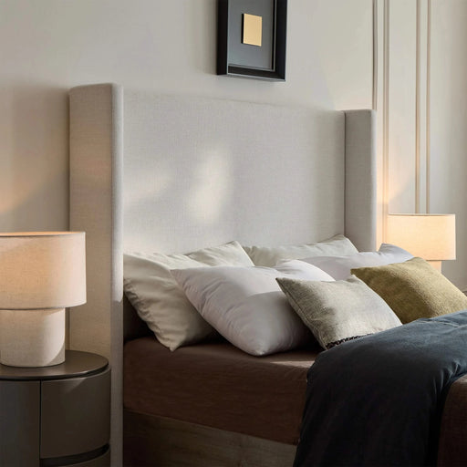 Shelton Upholstered Wingback Bed with 54' High Headboard in Textured Ivory Canvas Chenille, Wood Base, Queen Default -DTYStore