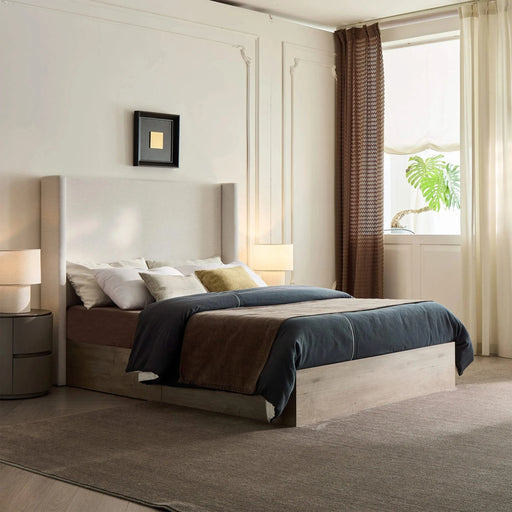 Shelton Upholstered Wingback Bed with 54' High Headboard in Textured Ivory Canvas Chenille, Wood Base, Queen Default -DTYStore