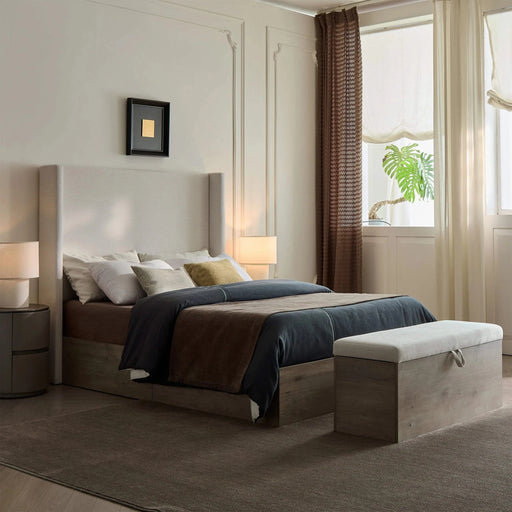 Shelton Upholstered Wingback Bed with 54' High Headboard in Textured Ivory Canvas Chenille, Wood Base, Queen Default -DTYStore