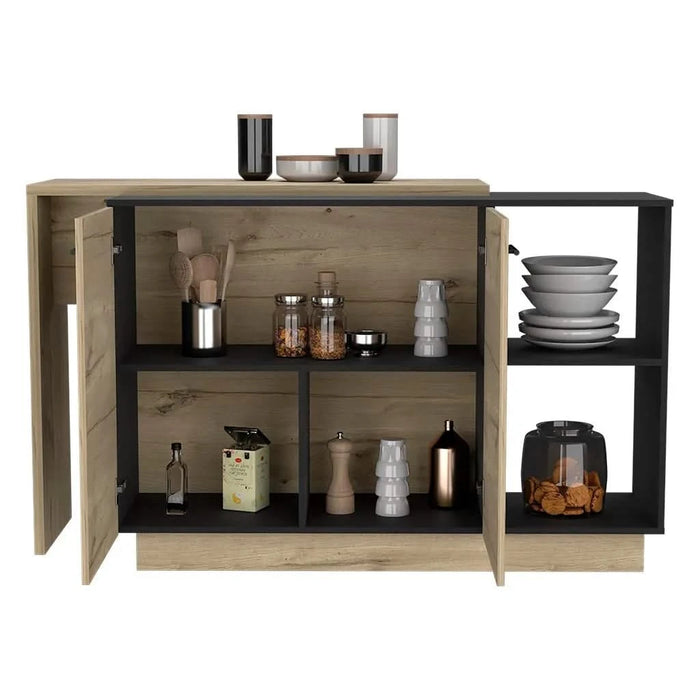 Sicilia Kitchen Island, Two External Shelves, Double Door Cabinets, Three Shelves -Black / Light Oak Default -DTYStore