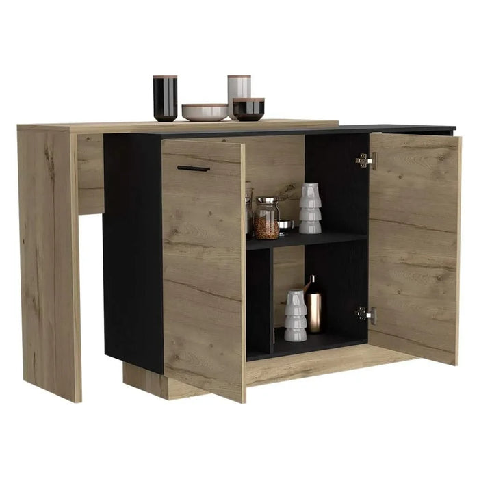 Sicilia Kitchen Island, Two External Shelves, Double Door Cabinets, Three Shelves -Black / Light Oak Default -DTYStore