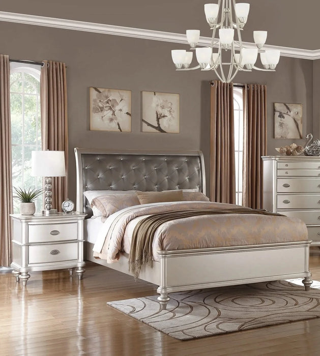 Silver Faux Leather Glamorous 3pc Bedroom Set Queen Size Bed 2x Nightstands Tufted Headboard Furniture Default -DTYStore