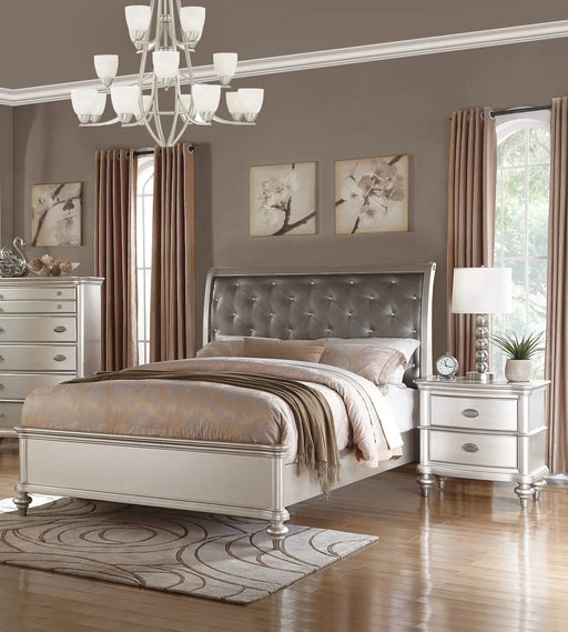 Silver Faux Leather Glamorous 3pc Bedroom Set Queen Size Bed 2x Nightstands Tufted Headboard Furniture Default -DTYStore