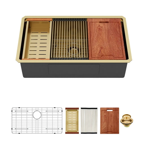 Single Bowl Undermount Workstation Gold Kitchen Sink - 33' x 19' x 10' Inch 16 Gauge Stainless Steel Deep Sink Default -DTYStore