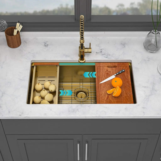 Single Bowl Undermount Workstation Gold Kitchen Sink - 33' x 19' x 10' Inch 16 Gauge Stainless Steel Deep Sink Default -DTYStore