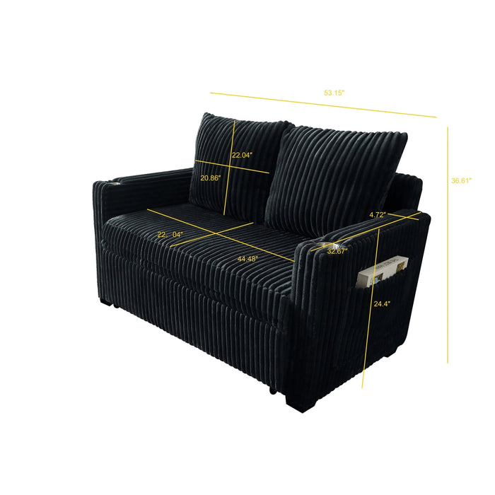 Sleeper Sofa Couch w/Pull Out Bed, Modern Corduroy Convertible Sleeper Sofa Bed, Small Love seat Sofa Bed w/Pillows & Side Pockets for Small Space, Living Room, Apartment,Black Default -DTYStore