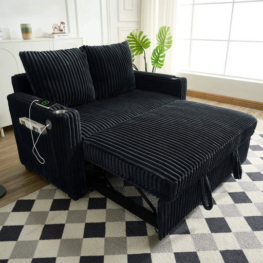 Sleeper Sofa Couch w/Pull Out Bed, Modern Corduroy Convertible Sleeper Sofa Bed, Small Love seat Sofa Bed w/Pillows & Side Pockets for Small Space, Living Room, Apartment,Black Default -DTYStore