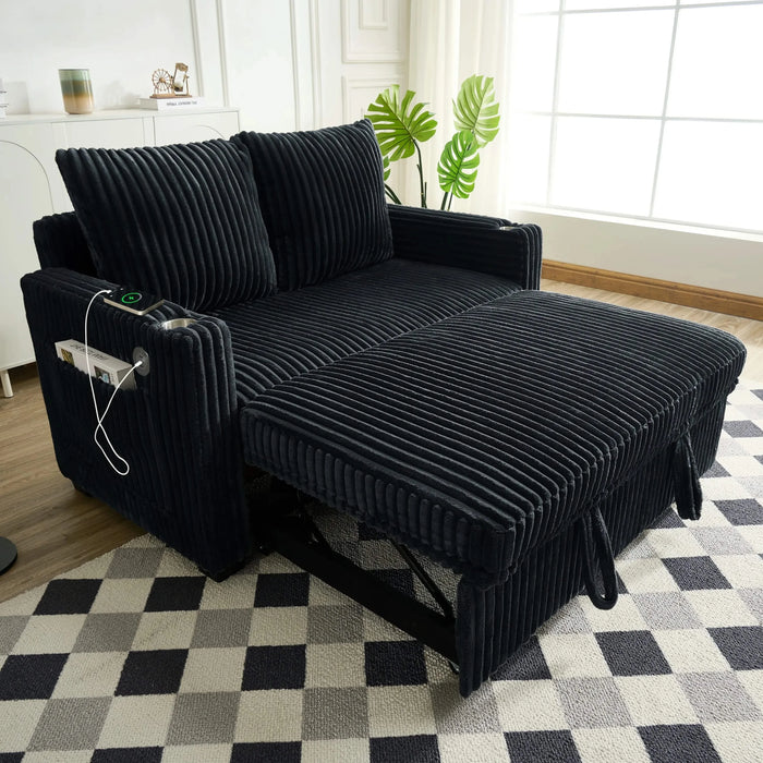 Sleeper Sofa Couch w/Pull Out Bed, Modern Corduroy Convertible Sleeper Sofa Bed, Small Love seat Sofa Bed w/Pillows & Side Pockets for Small Space, Living Room, Apartment,Black Default -DTYStore