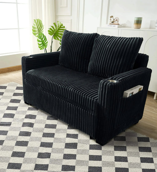 Sleeper Sofa Couch w/Pull Out Bed, Modern Corduroy Convertible Sleeper Sofa Bed, Small Love seat Sofa Bed w/Pillows & Side Pockets for Small Space, Living Room, Apartment,Black Default -DTYStore