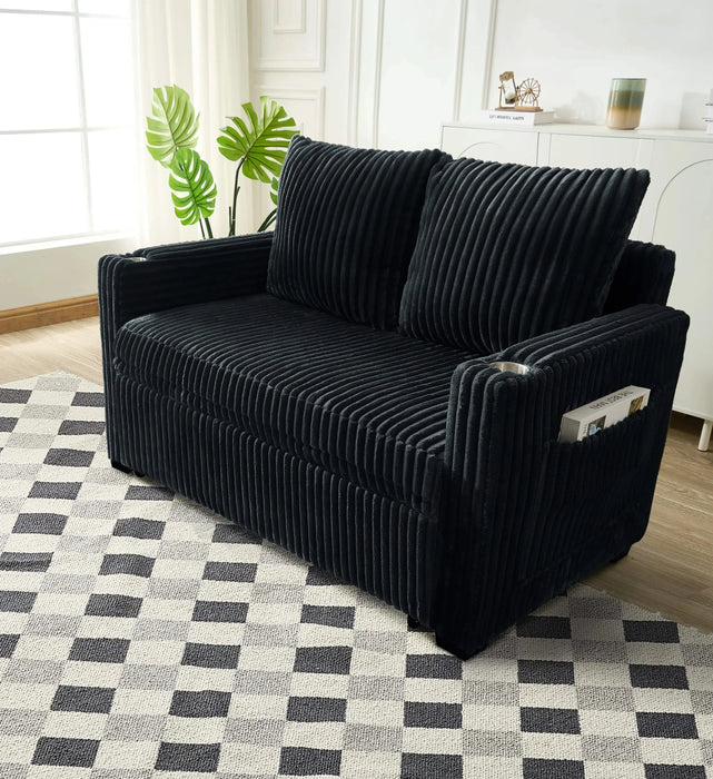 Sleeper Sofa Couch w/Pull Out Bed, Modern Corduroy Convertible Sleeper Sofa Bed, Small Love seat Sofa Bed w/Pillows & Side Pockets for Small Space, Living Room, Apartment,Black Default -DTYStore