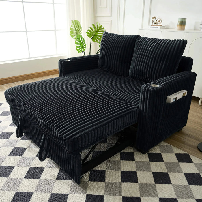 Sleeper Sofa Couch w/Pull Out Bed, Modern Corduroy Convertible Sleeper Sofa Bed, Small Love seat Sofa Bed w/Pillows & Side Pockets for Small Space, Living Room, Apartment,Black Default -DTYStore