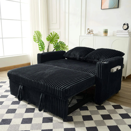 Sleeper Sofa Couch w/Pull Out Bed, Modern Corduroy Convertible Sleeper Sofa Bed, Small Love seat Sofa Bed w/Pillows & Side Pockets for Small Space, Living Room, Apartment,Black Default -DTYStore