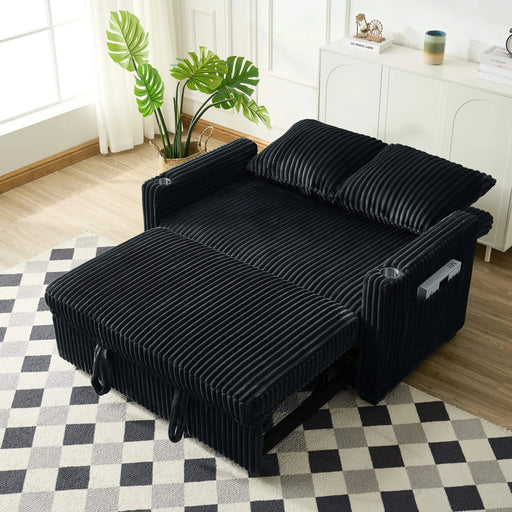 Sleeper Sofa Couch w/Pull Out Bed, Modern Corduroy Convertible Sleeper Sofa Bed, Small Love seat Sofa Bed w/Pillows & Side Pockets for Small Space, Living Room, Apartment,Black Default -DTYStore