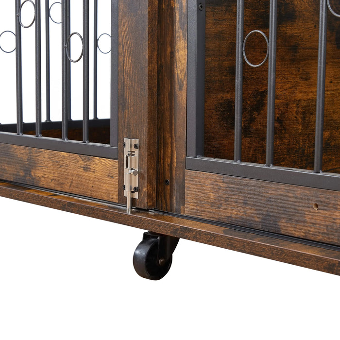 Sliding Door Dog Cage with Partition for Two Puppies, Rustic Brown, 39.37'' W x 25.20'' D x 28.94'' H Default -DTYStore