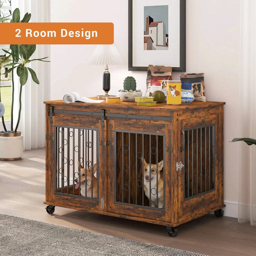 Sliding Door Dog Cage with Partition for Two Puppies, Rustic Brown, 39.37'' W x 25.20'' D x 28.94'' H Default -DTYStore