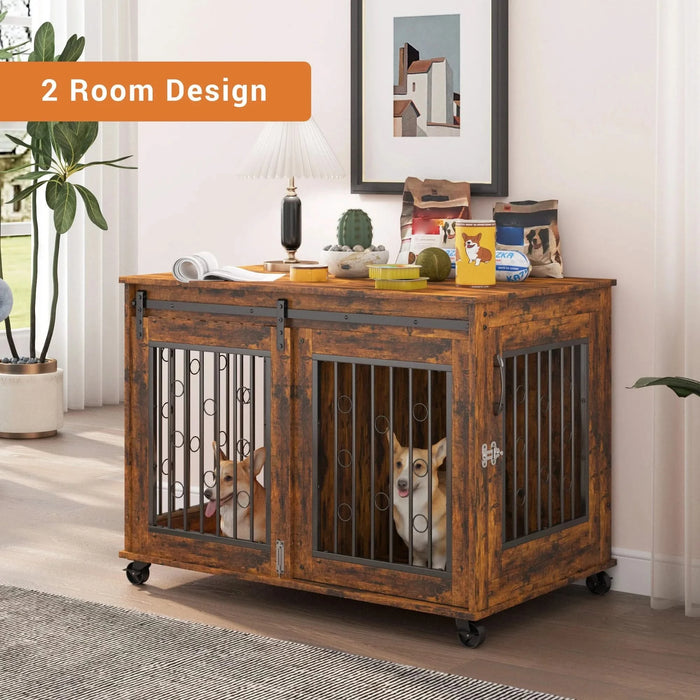 Sliding Door Dog Cage with Partition for Two Puppies, Rustic Brown, 39.37'' W x 25.20'' D x 28.94'' H Default -DTYStore
