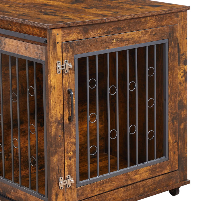 Sliding Door Dog Cage with Partition for Two Puppies, Rustic Brown, 39.37'' W x 25.20'' D x 28.94'' H Default -DTYStore