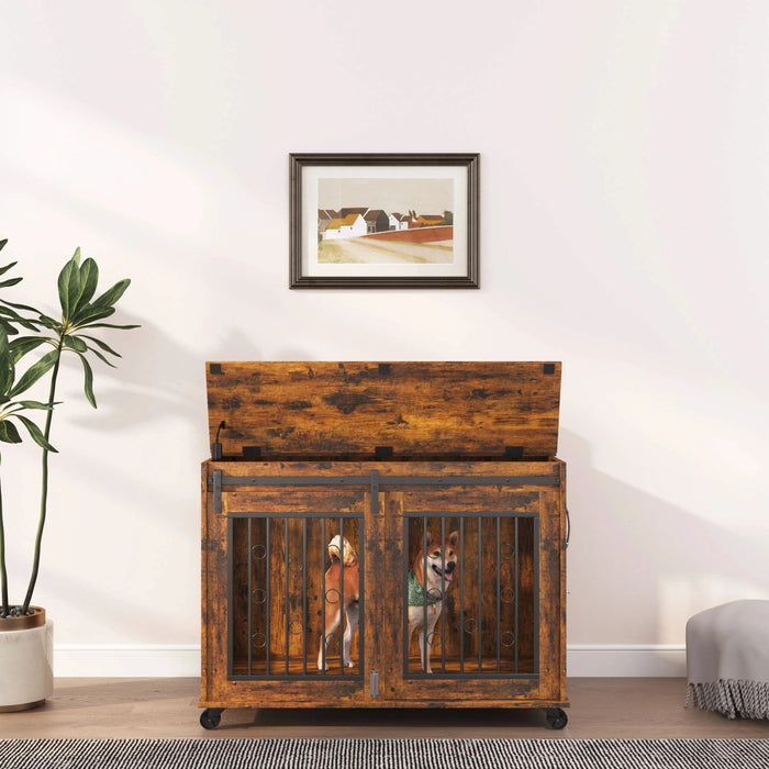 Sliding Door Dog Cage with Partition for Two Puppies, Rustic Brown, 39.37'' W x 25.20'' D x 28.94'' H Default -DTYStore