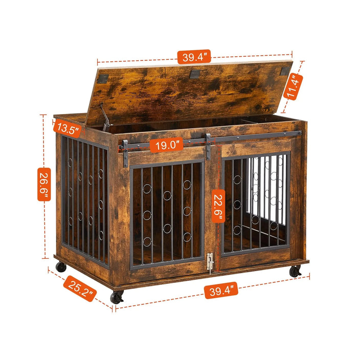 Sliding Door Dog Cage with Partition for Two Puppies, Rustic Brown, 39.37'' W x 25.20'' D x 28.94'' H Default -DTYStore