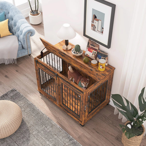 Sliding Door Dog Cage with Partition for Two Puppies, Rustic Brown, 39.37'' W x 25.20'' D x 28.94'' H Default -DTYStore