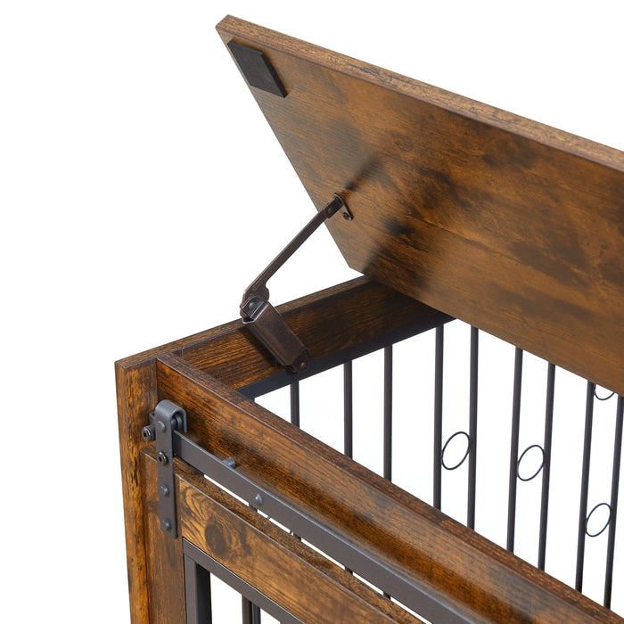 Sliding Door Dog Cage with Partition for Two Puppies, Rustic Brown, 39.37'' W x 25.20'' D x 28.94'' H Default -DTYStore