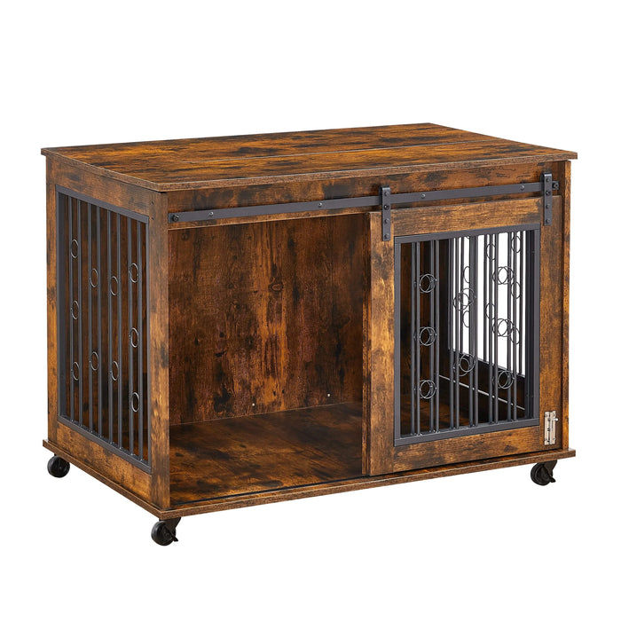 Sliding Door Dog Cage with Partition for Two Puppies, Rustic Brown, 39.37'' W x 25.20'' D x 28.94'' H Default -DTYStore