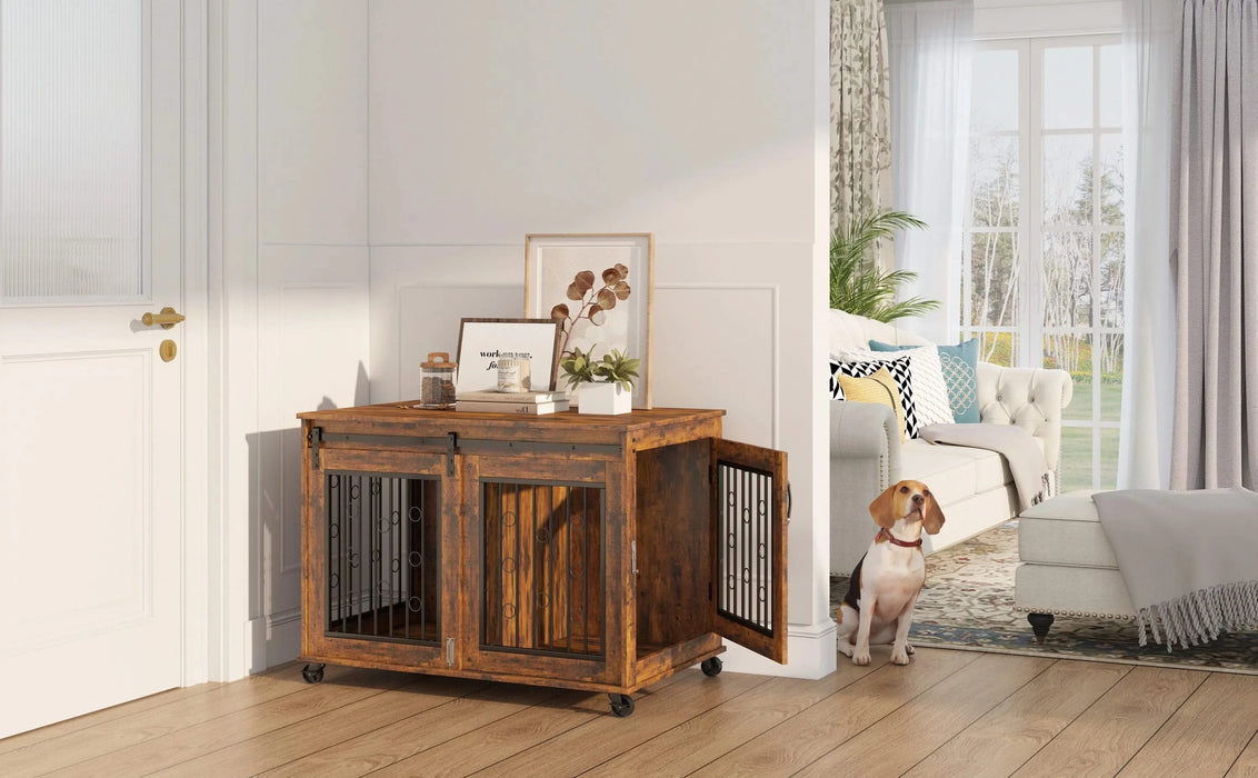 Sliding Door Dog Cage with Partition for Two Puppies, Rustic Brown, 39.37'' W x 25.20'' D x 28.94'' H Default -DTYStore