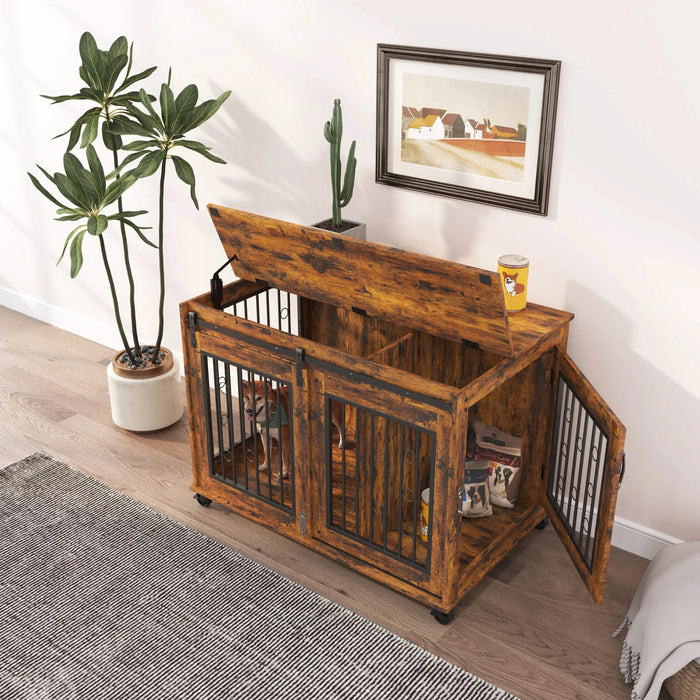 Sliding Door Dog Cage with Partition for Two Puppies, Rustic Brown, 39.37'' W x 25.20'' D x 28.94'' H Default -DTYStore