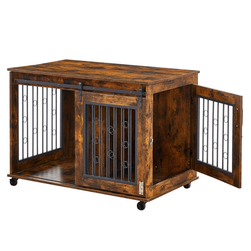 Sliding Door Dog Cage with Partition for Two Puppies, Rustic Brown, 39.37'' W x 25.20'' D x 28.94'' H Default -DTYStore