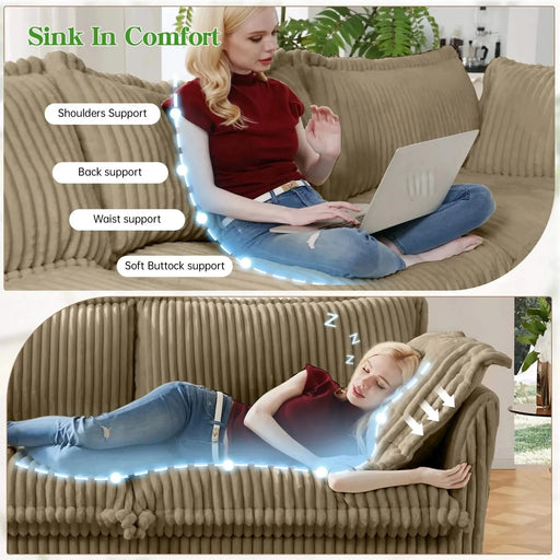 Slip-covered Armchair with 1 Big Back Cushion and 2 Big Toss Pillows, Single Deep Seat Comfy Single Couch Sofa Camel -DTYStore