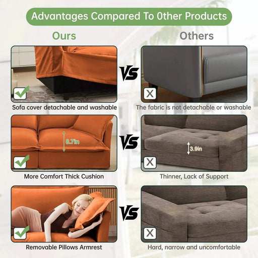 Slip-covered Armchair with 1 Big Back Cushion and 2 Big Toss Pillows, Single Deep Seat Comfy Single Couch Sofa Multiple Large Soft Pillows, Chenille Fabric Orange -DTYStore