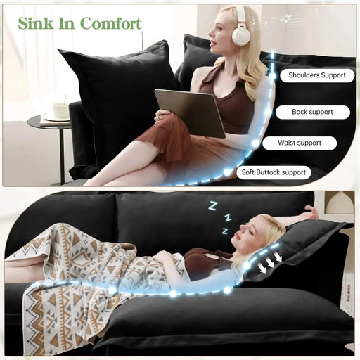 Slip-covered Armchair with 1 Big Back Cushion and 2 Big Toss Pillows, Single Deep Seat Comfy Single Couch Sofa Multiple Large Soft Pillows, Chenille Fabric Black -DTYStore