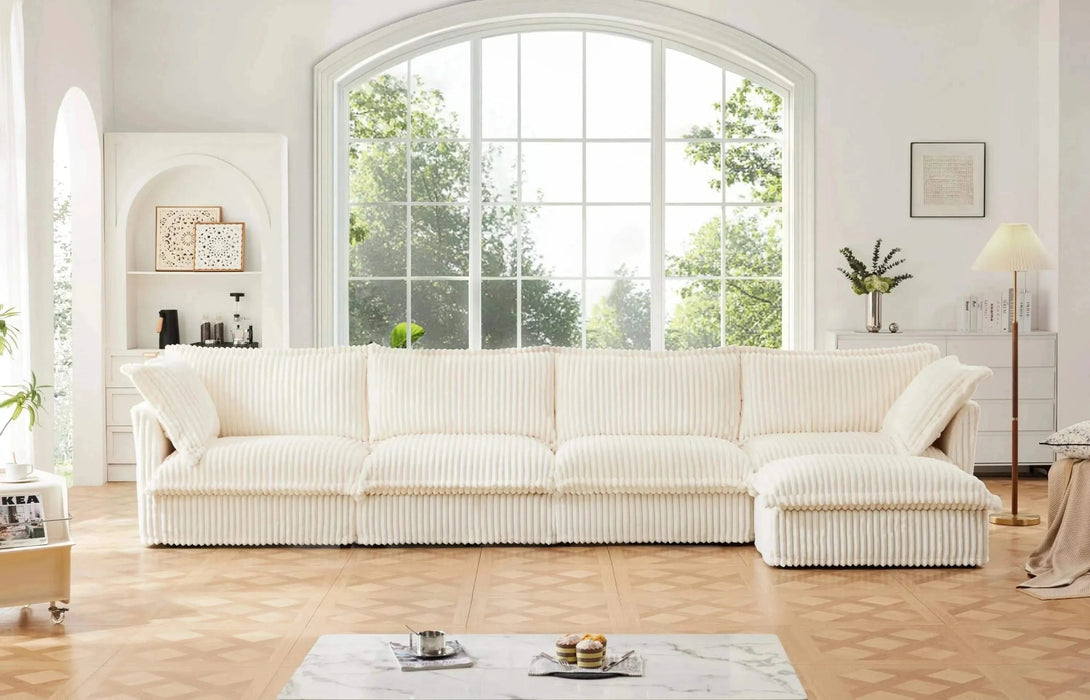 Slipcovered L Shape Sectional Long Sofa Couch, 4 Seater Sofa with Suppleness Armrests,Deep Seat Sofa with 2 Big Pillows, Comfy Couch for Living Room, Apartment Cream -DTYStore