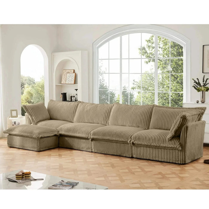 Slipcovered L Shape Sectional Long Sofa Couch, 4 Seater Sofa with Suppleness Armrests,Deep Seat Sofa with 2 Big Pillows, Comfy Couch for Living Room, Apartment Camel -DTYStore